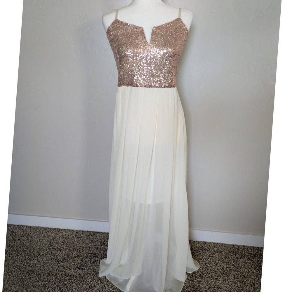 Spense Maxi Dress Womens 8 Rose Gold Cream Excellent Sequin Chiffon‎ Formal
